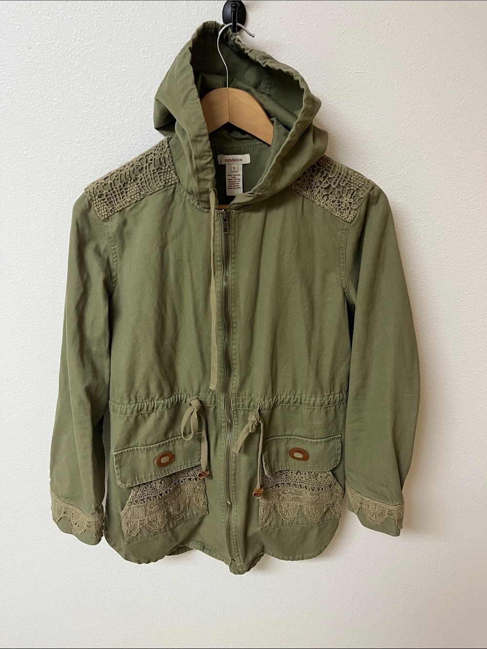 Sundance Olive Green Hooded Jacket with lace Trim women’s size S
